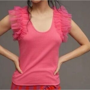 Dolan Pink Ribbed Knit Tank Top w/ Tulle Ruffle Sleeves Size S NWT